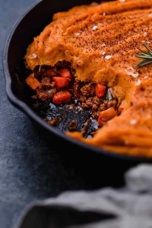 Photo of Shepherd's Pie with Sweet Potato Topping in a cast iron. 