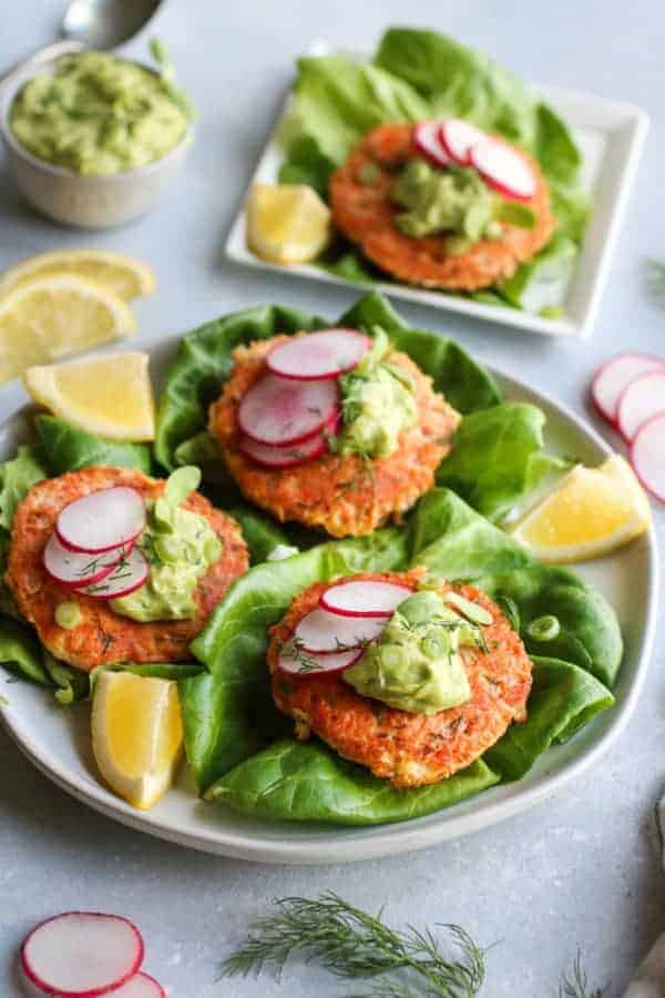 Salmon Burgers With Avocado Garlic Sauce The Real Food Dietitians