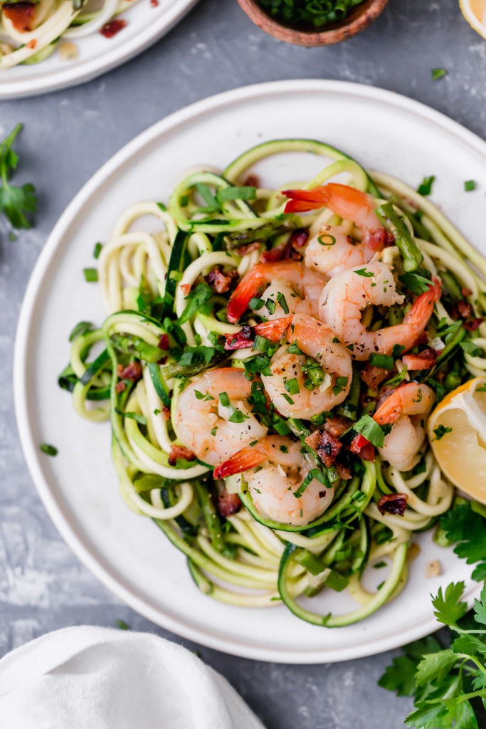 zucchini pasta carbonara with shrimp