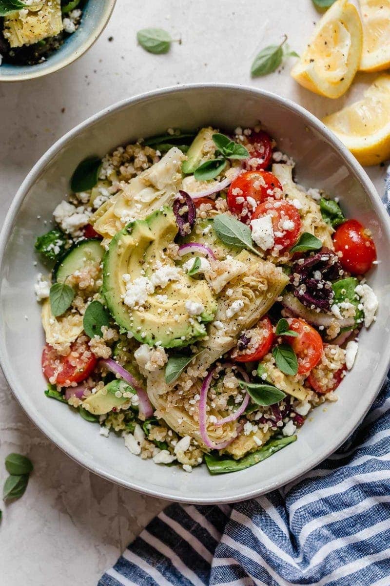 greek quinoa salad with avocado