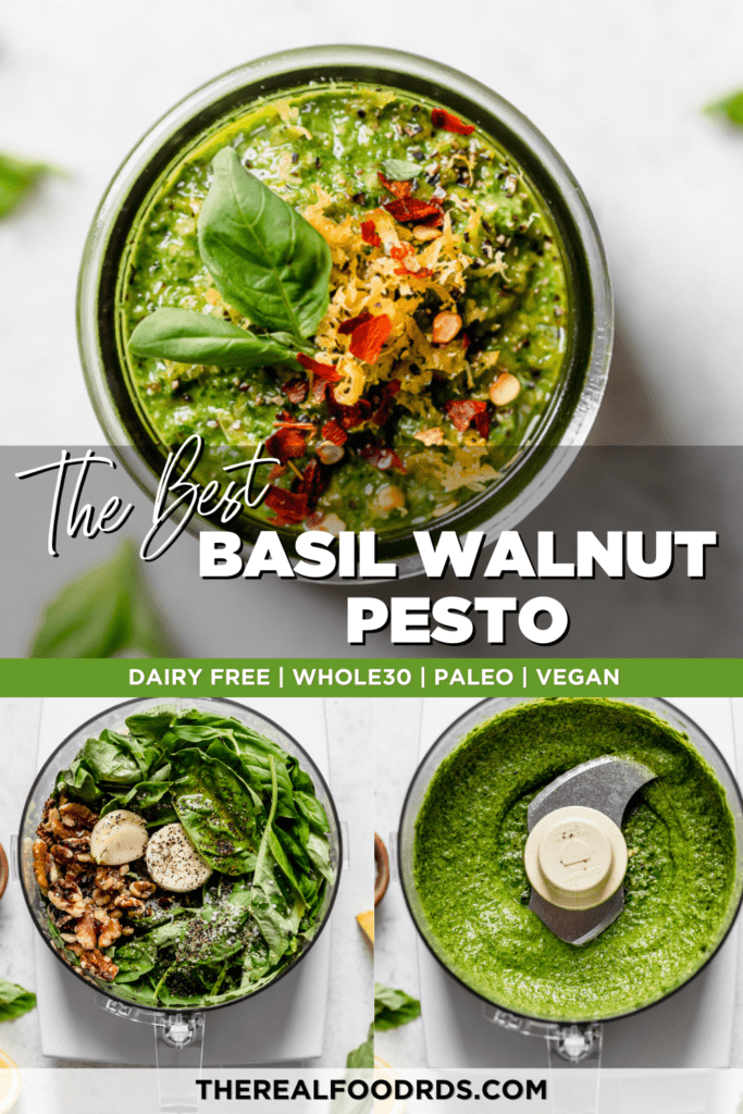 Basil walnut pesto in three stages; all ingredients in a food processor, freshly processes and smooth, in a small jar topped with red pepper flakes and fresh basil.