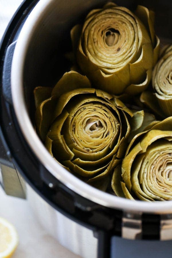 A close up view of freshly cooked artichokes in an Instant Pot