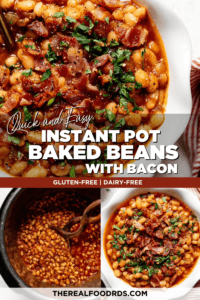 Instant Pot baked beans with bacon crumbles and fresh herbs on top