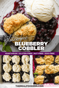Gluten-free Blueberry Cobbler with vibrant dark purple berries and golden brown soft biscuits on top.