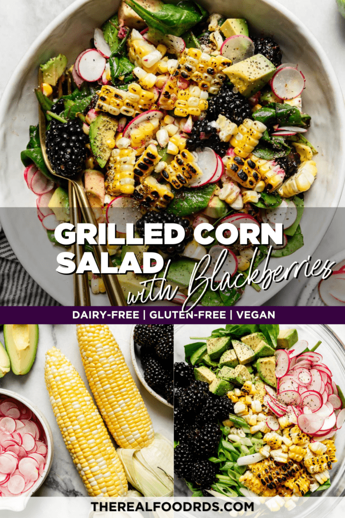 Grilled corn salad with avocado and blackberries in a white serving bowl with gold cutlery